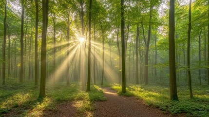 Obraz premium Sunlight streams through tall trees in a lush green forest landscape