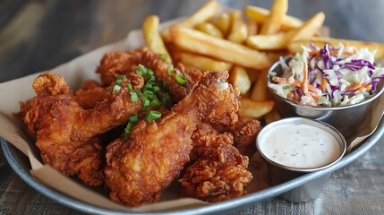 Crispy Fried Chicken Platter with Fries and Coleslaw