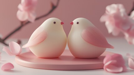 Two cute, pastel-colored bird figurines sit closely together on a pink surface, surrounded by soft petals and delicate cherry blossoms.