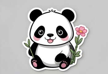 Naklejka premium Cute panda sticker with flower and bamboo for decoration and crafting. Generative AI