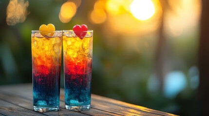 Two colorful layered drinks with ice, garnished with heart-shaped fruits, set against a warm sunset backdrop.