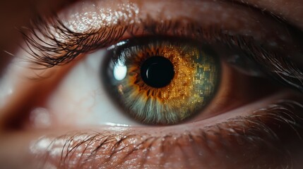 Close-Up of Human Eye with Intricate Detail and Unique Color Patterns Reflecting Light and Texture