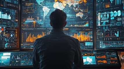 Guardian of the Digital Realm: A person intently monitors multiple screens displaying complex data visualizations and a world map, immersed in the depths of technology, data and information