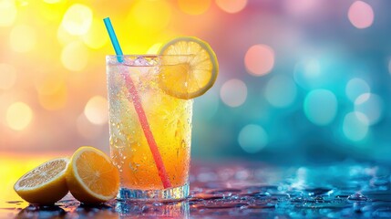 A refreshing lemonade drink in a glass, garnished with lemon slices and a straw, set against a colorful, bokeh background.