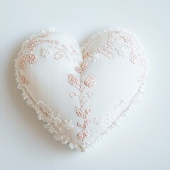 A delicate embroidered love ornament with a white heart and soft pink thread accents