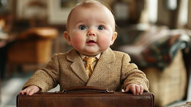 "Mini Mogul: A chubby baby, dressed in a tiny business suit with a briefcase, stares with wide eyes, representing early aspirations and the humorous juxtaposition of innocence and ambition.