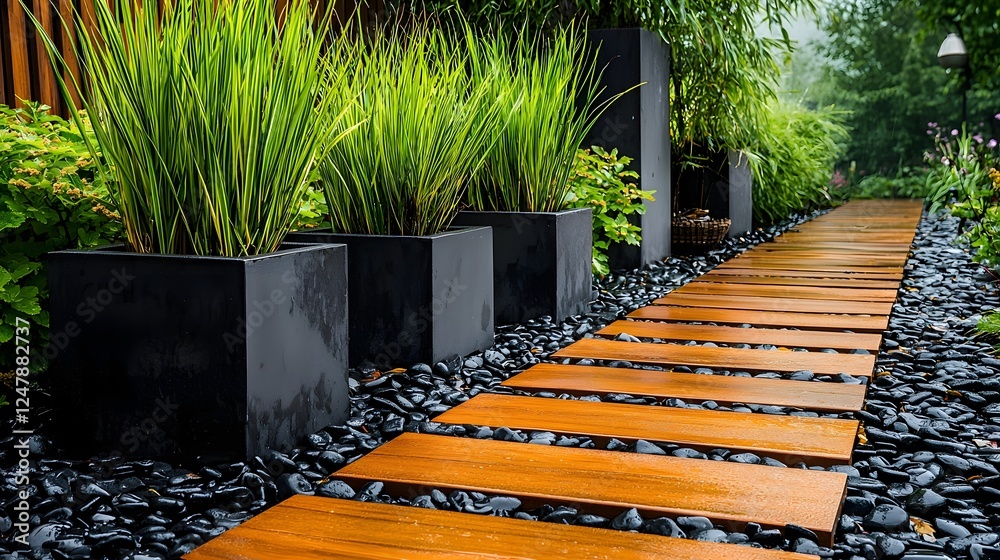 Poster serene minimalist garden design with clean rectangular planter boxes dark gray stone pavement pathwa