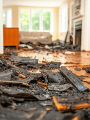 A charred floor covered in burnt debris, indicating extensive fire damage in a previously cozy room filled with natural light.