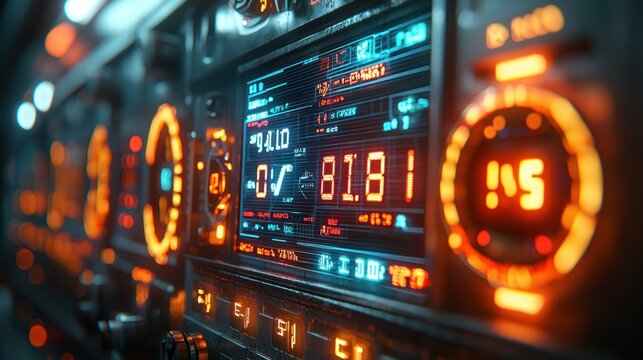 Futuristic vehicle dashboard display; speed, energy levels; sci-fi background; UI design - Powered by Adobe