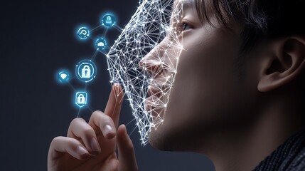 Close-up of a person interacting with digital security icons, showcasing facial recognition technology