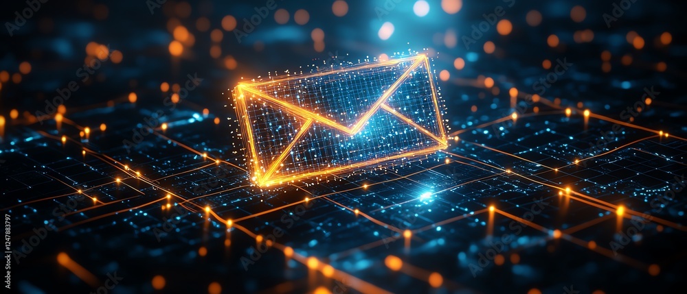 Poster Holographic digital envelope icon floating above a dark networked background with glowing nodes, symbolizing encryption, security, and digital communication, 3D rendering