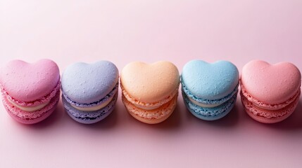 Fototapeta premium Colorful heart-shaped macarons arranged in a row on a pastel pink background, showcasing a delightful assortment of flavors and a charming aesthetic.