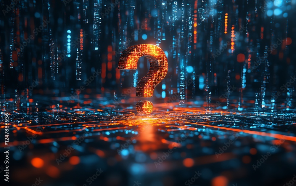Leinwandbilder Sleek business workspace with floating question mark holograms on a techinspired background, highlighting digital transformation, innovation, and decisionmaking concepts