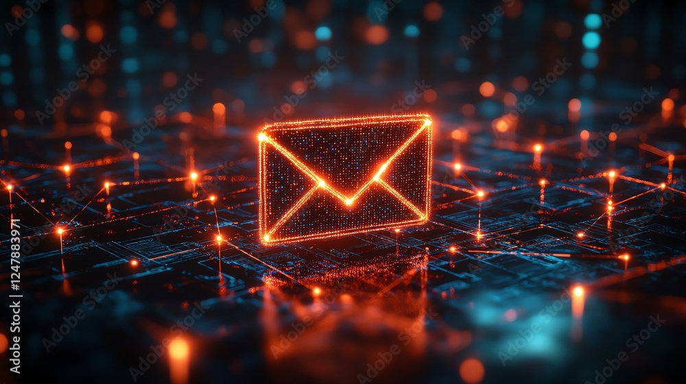 Leinwandbilder 3D digital envelope icon with a holographic shine, placed above a network of interconnected nodes, representing secure data exchange and messaging in a hightech, dark setting