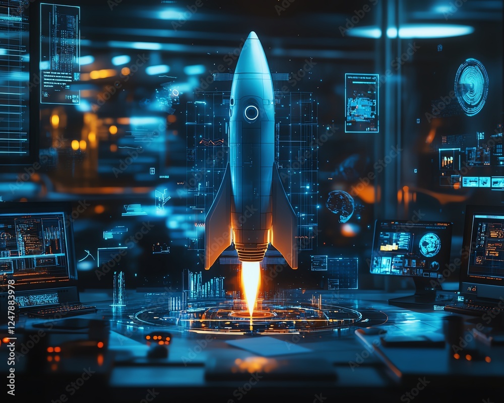 Poster holographic futuristic rocket on a modern office desk, surrounded by floating interactive screens, a
