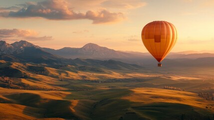 Fototapeta premium Stunning Hot Air Balloon Soaring Over Scenic Valleys and Majestic Mountains at Golden Hour During Sunset