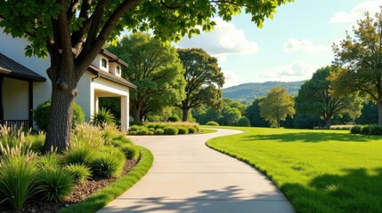 Fototapeta premium Serene landscape showcasing a gently curving pathway leading to a tranquil residence nestled amidst lush greenery and mature trees under a sun-drenched sky.