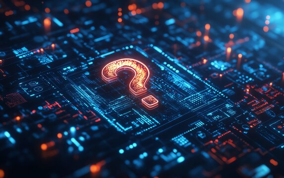 Sleek business workspace with floating question mark holograms on a techinspired background, highlighting digital transformation, innovation, and decisionmaking concepts