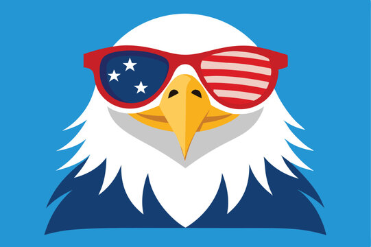 A cute cartoon vector illustration of an American bald eagle head, a symbol of freedom, with the American flag