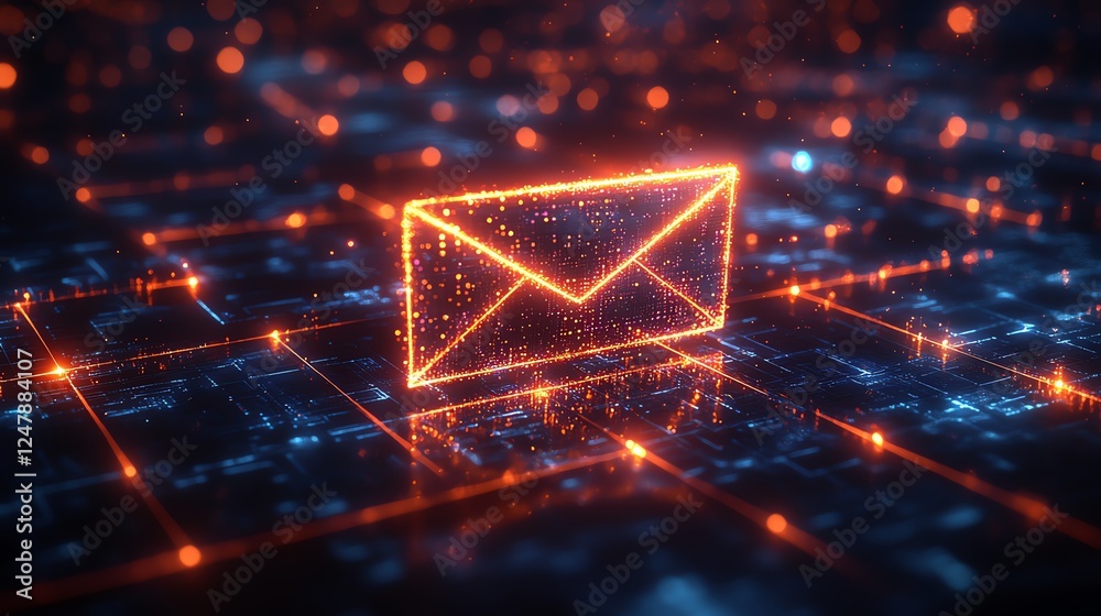 Leinwandbilder 3d rendered glowing digital envelope icon with holographic effects, hovering over a complex network 