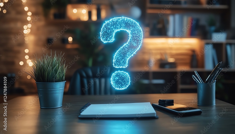 Poster 3d holographic question marks floating over a desk with a notebook, smartphone, and pen, symbolizing