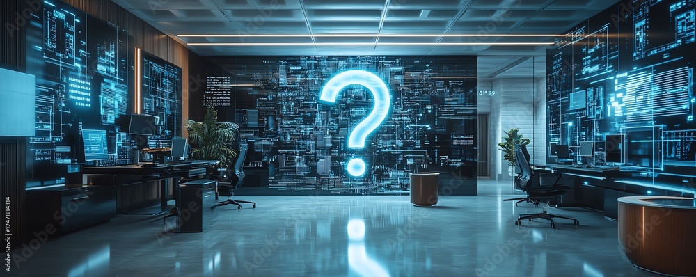 Poster Business office with futuristic question mark holograms displayed over advanced technology elements, representing innovation and digital problemsolving in a modern workspace