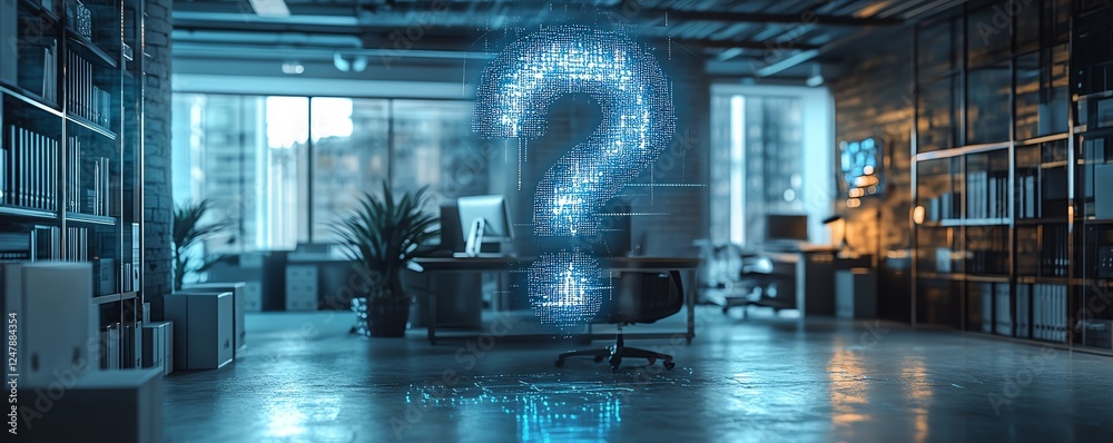 Poster Business office with futuristic question mark holograms displayed over advanced technology elements, representing innovation and digital problemsolving in a modern workspace