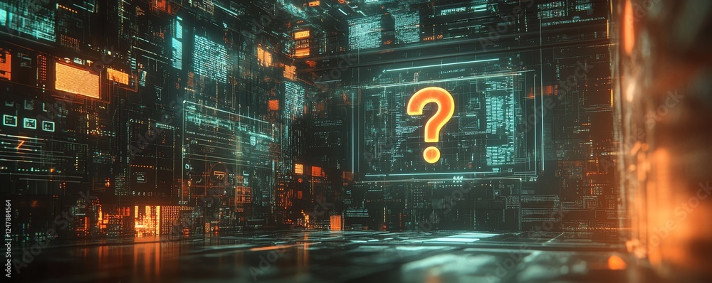 Poster Business workspace with question mark holograms floating above a background of interconnected technology elements, representing smart solutions and futuristic decisionmaking