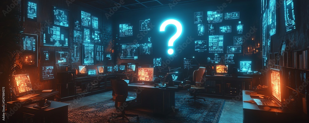 Poster Business workspace with question mark holograms floating above a background of interconnected technology elements, representing smart solutions and futuristic decisionmaking