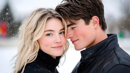 Fototapeta premium Young Couple Embracing in Snowy Winter Scene with Soft Smiles