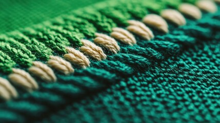 Close-Up View of Textured Fabric with Green and Beige Stitching in Abstract Pattern