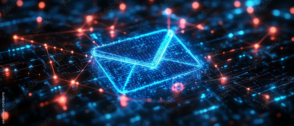 Fototapete Futuristic digital envelope icon with a holographic glow, placed over a dark networked background with glowing nodes, 3D rendering representing secure digital messaging