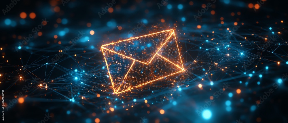 Aufkleber Futuristic digital envelope icon with a holographic glow, placed over a dark networked background with glowing nodes, 3D rendering representing secure digital messaging