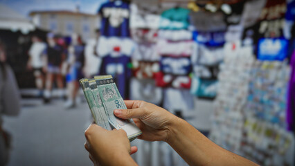 Man handling ringgits at outdoor souvenir shop, showcasing currency transaction in malaysia with...