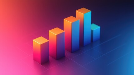 A vibrant, 3D bar chart represents data trends, featuring a gradient background that transitions from pink to blue.