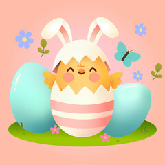 Easter chick with ears bunny, chicken egg cute. Animal vector illustration