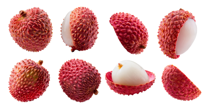 Fresh Lychee Fruits in Various Stages of Peeling and Opening, isolated on transparent background