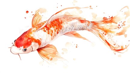 Beautiful watercolor painting displays an elegant orange and white koi