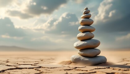 zen, stones, tall, stack, uneven, rugged, textures, cracked, desert, soil, dramatic, sky, sandstorm, clouds, dust, wind, trails, swirling, base, hyperrealistic, detail, serene, tranquil, harmony, peac