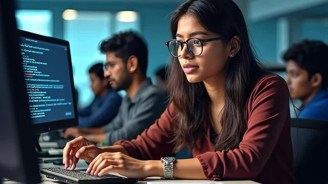 Digital Ingenuity: An Indian female programmer focuses intensely on her monitor, typing code, surrounded by her colleagues in a modern office.