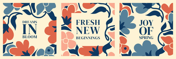 Floral square frames with spring themes. Abstract nature hand-drawn elements and copy space for text. Modern designs for social media posts, invitations, inspiration posters or greetings © Vigurskaia Sofiya