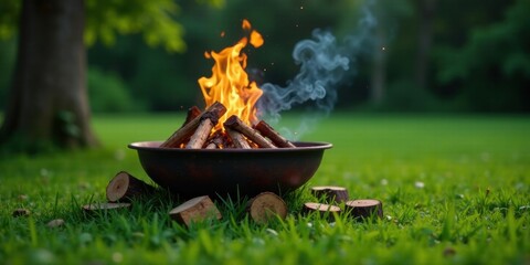 Serene evening fire pit scene with burning wood in a rustic bowl, surrounded by lush green grass and cut logs