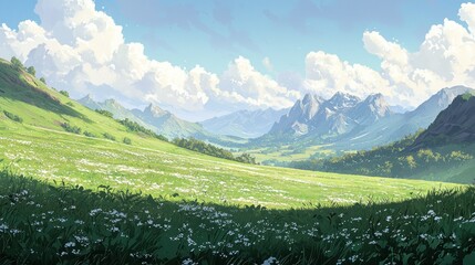 Obraz premium Serene Mountain Meadow Landscape: A Breathtaking View of Lush Green Fields and Majestic Peaks Under a Summer Sky