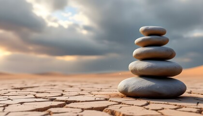 zen, stones, tall, stack, uneven, rugged, textures, cracked, desert, soil, dramatic, sky, sandstorm, clouds, dust, wind, trails, swirling, base, hyperrealistic, detail, serene, tranquil, harmony, peac