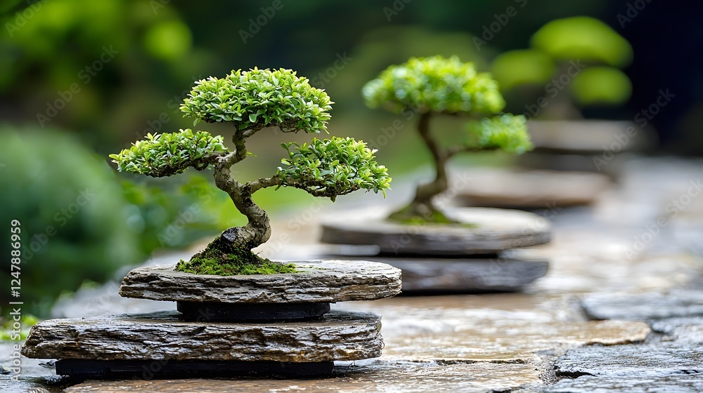 Poster Tranquil and serene minimalist garden landscape with neatly trimmed bonsai trees lining a stone path creating a zen like atmosphere of balance and harmony in nature