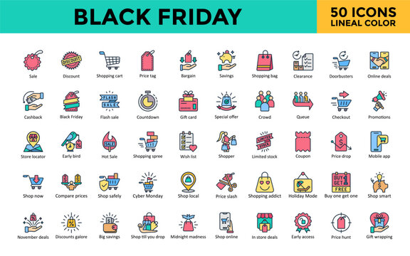 Black Friday icon set with sale, discount, shopping cart, price tag, bargain, savings, shopping bag, clearance, doorbusters, online deals icon. Simple lineal color vector 
