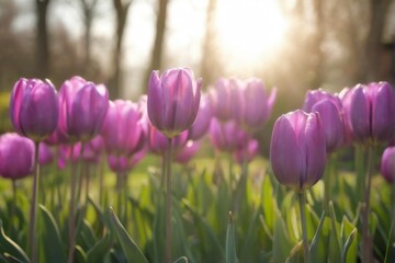 Serene closeup of vibrant purple tulips in bloom in a sunlit garden setting with blurred greenery in background.