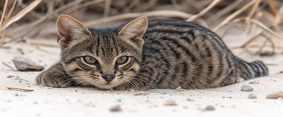 Sand cat resting in desert, dry grass background, wildlife
