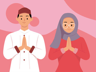 Moslem man and woman posing with cupped hands. Moslem illustration. Flat vector illustration concept.