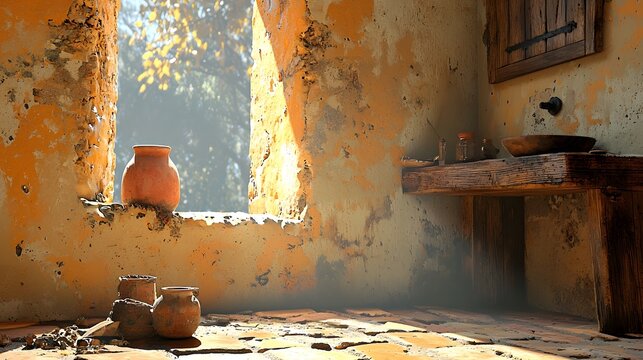 Warm and inviting Mediterranean style bathroom with terracotta tiles wooden shelves and finishes and natural sunlight streaming through a window creating a cozy and serene ambiance